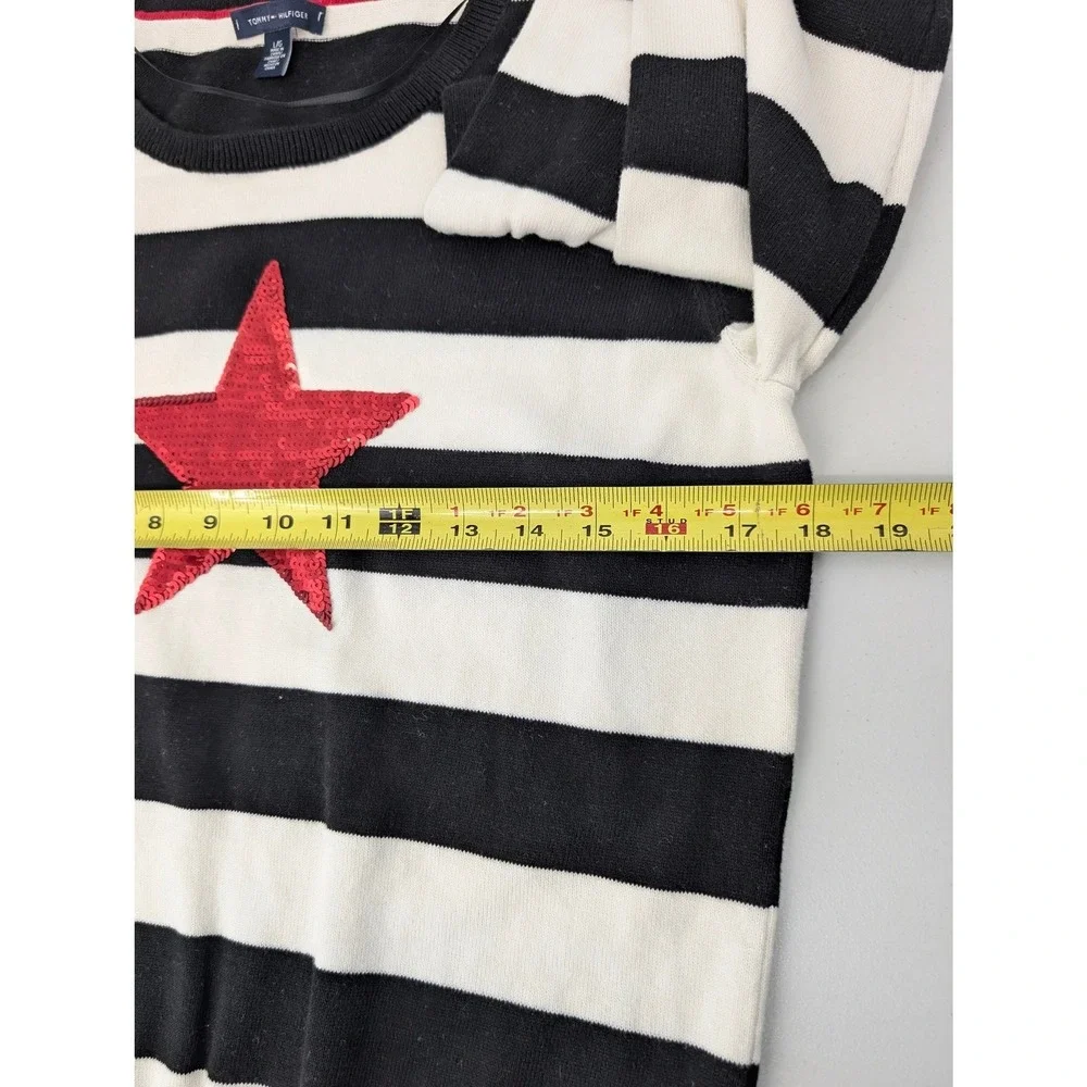 Tommy Hilfiger Womens Striped Sequin Star Sweater Black White Red Cotton L